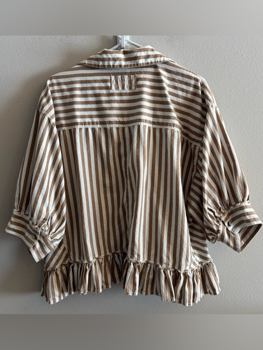 We The Free Beige and White Striped Ruffle Hem Button Down Shirt - Picture 3 of 12